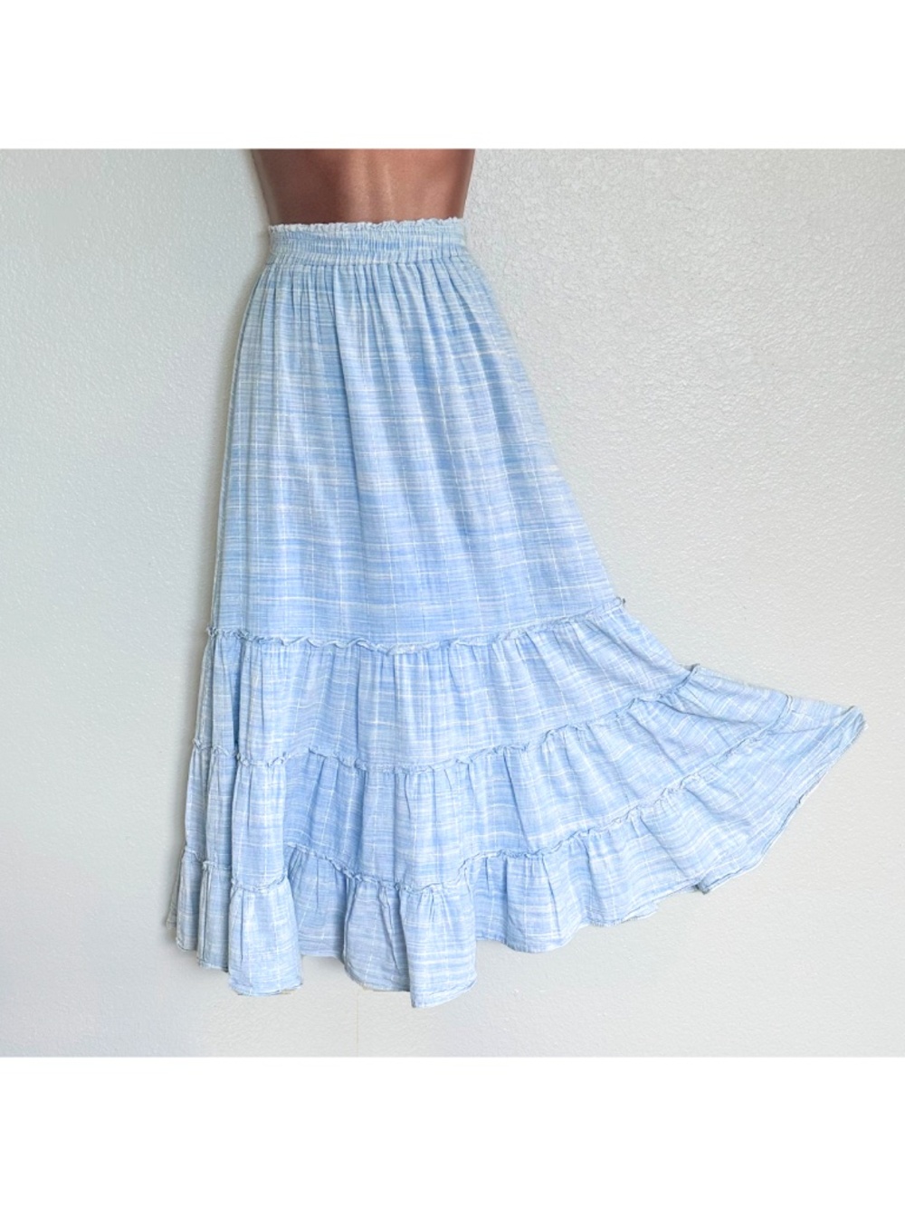 MISA Los Angeles Cotton Luz Plaid Cottagecore Smocked Tiered Maxi Skirt XS USA